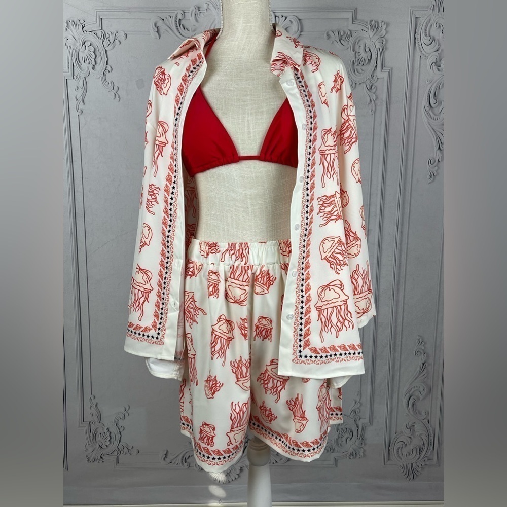 Casual Jellyfish blouse & Shorts Loose Fit Sea Life Print Beach Coverup - Picture 7 of 16